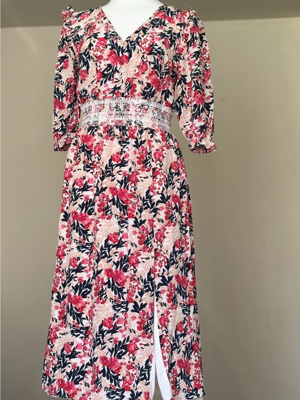 Amour Vert Pink Floral V-Neck Smocked Waist Silk Midi Dress